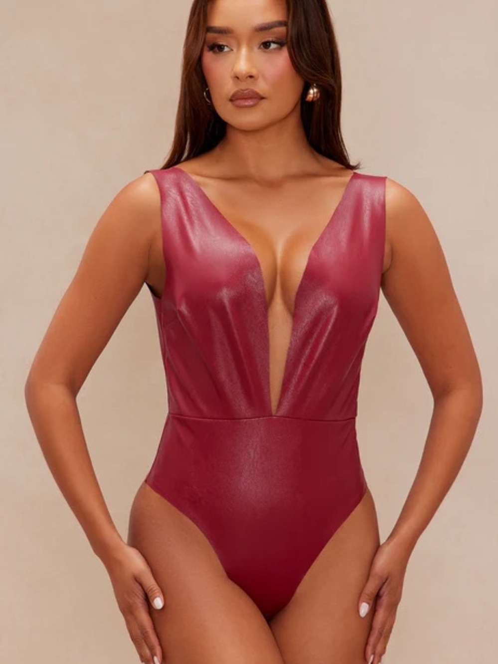 Nova Luxe Burgundy Faux Leather Bodysuit NEW 🏷️